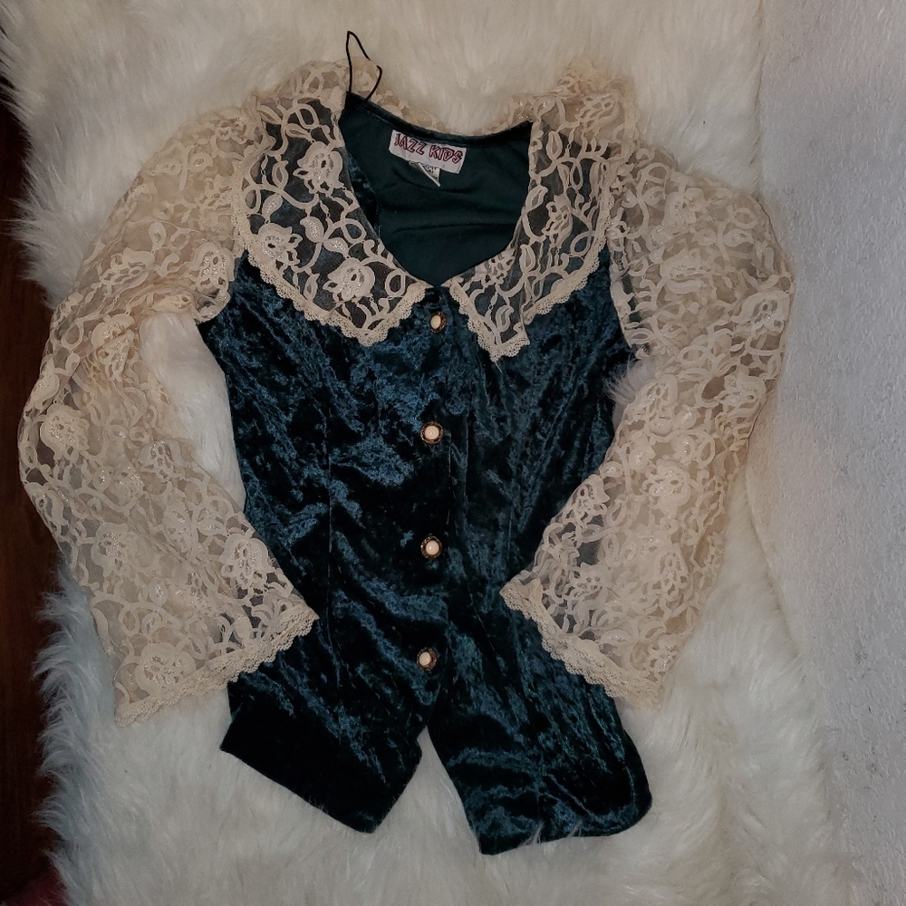 Vintage lace velvet green 80s button blouse - Picture 6 of 12